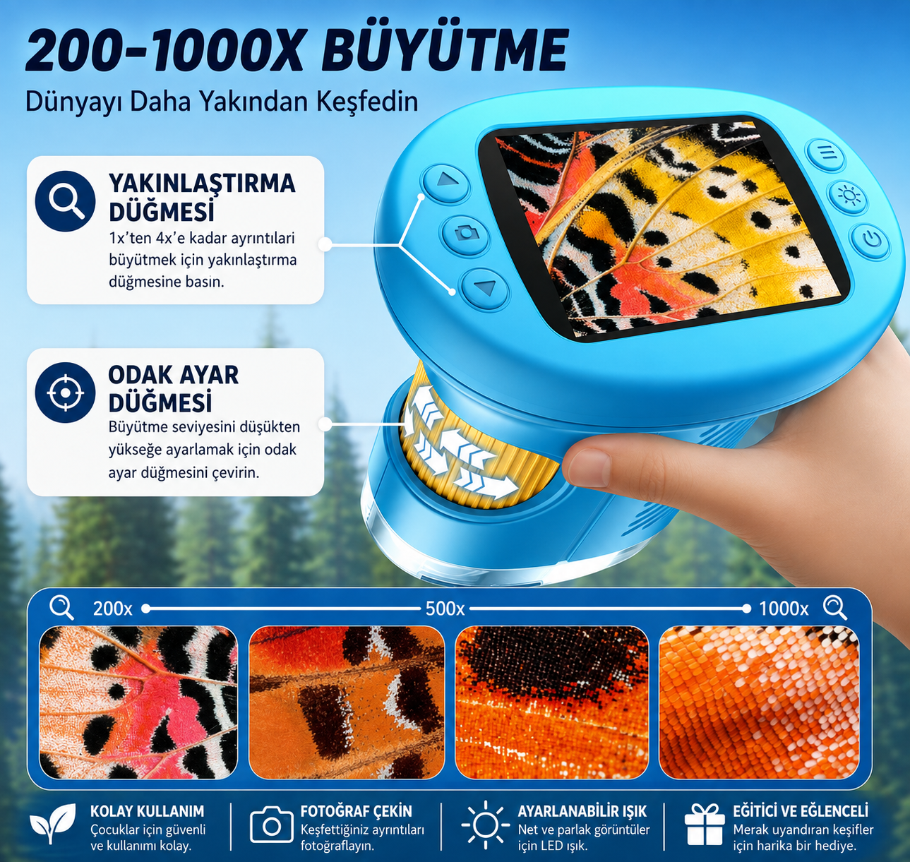 MiniBilim Dijital Mikroskop 🔬 – Çocuklar İçin 2.4” LCD Ekranlı Taşınabilir Keşif Mikroskobu