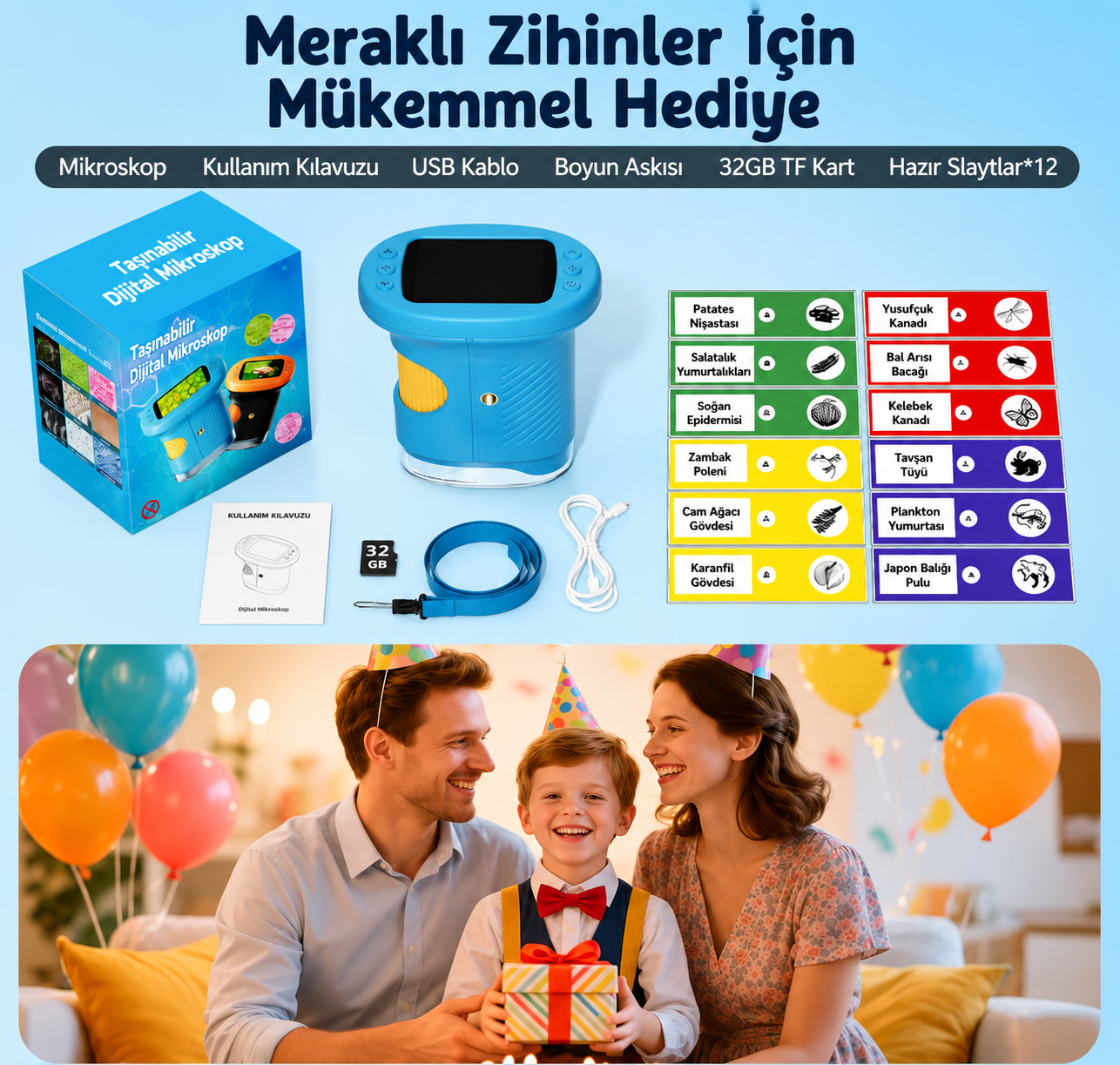 MiniBilim Dijital Mikroskop 🔬 – Çocuklar İçin 2.4” LCD Ekranlı Taşınabilir Keşif Mikroskobu