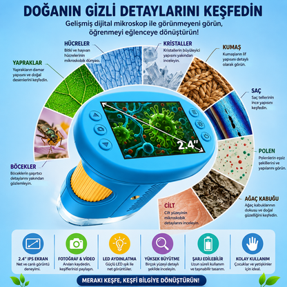 MiniBilim Dijital Mikroskop 🔬 – Çocuklar İçin 2.4” LCD Ekranlı Taşınabilir Keşif Mikroskobu